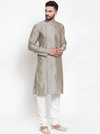 Jompers Men Grey & Golden Self Design Kurta with Churidar | Grocsy