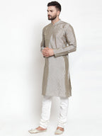 Jompers Men Grey & Golden Self Design Kurta with Churidar | Grocsy