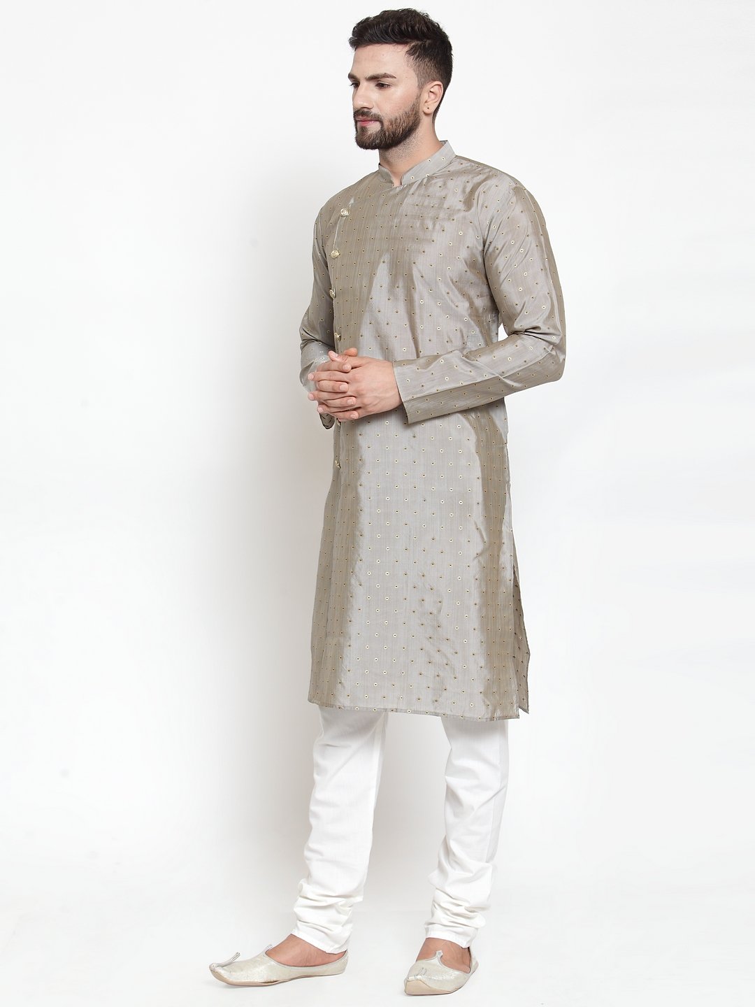 Jompers Men Grey & Golden Self Design Kurta with Churidar | Grocsy