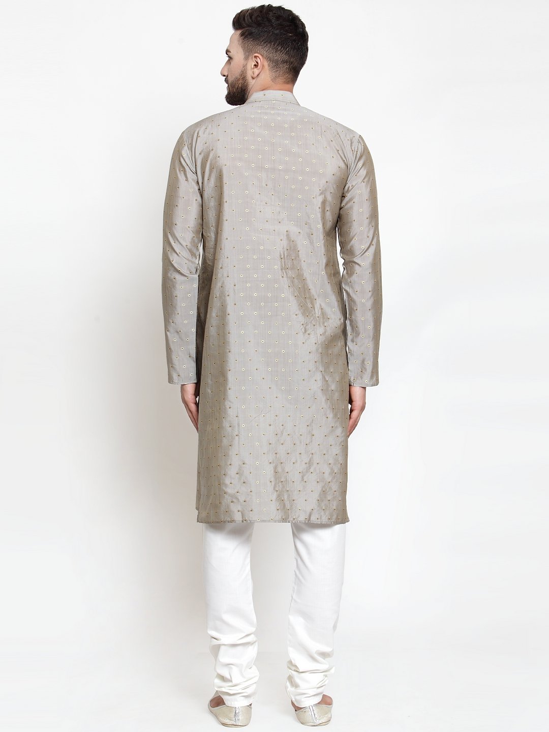 Jompers Men Grey & Golden Self Design Kurta with Churidar | Grocsy