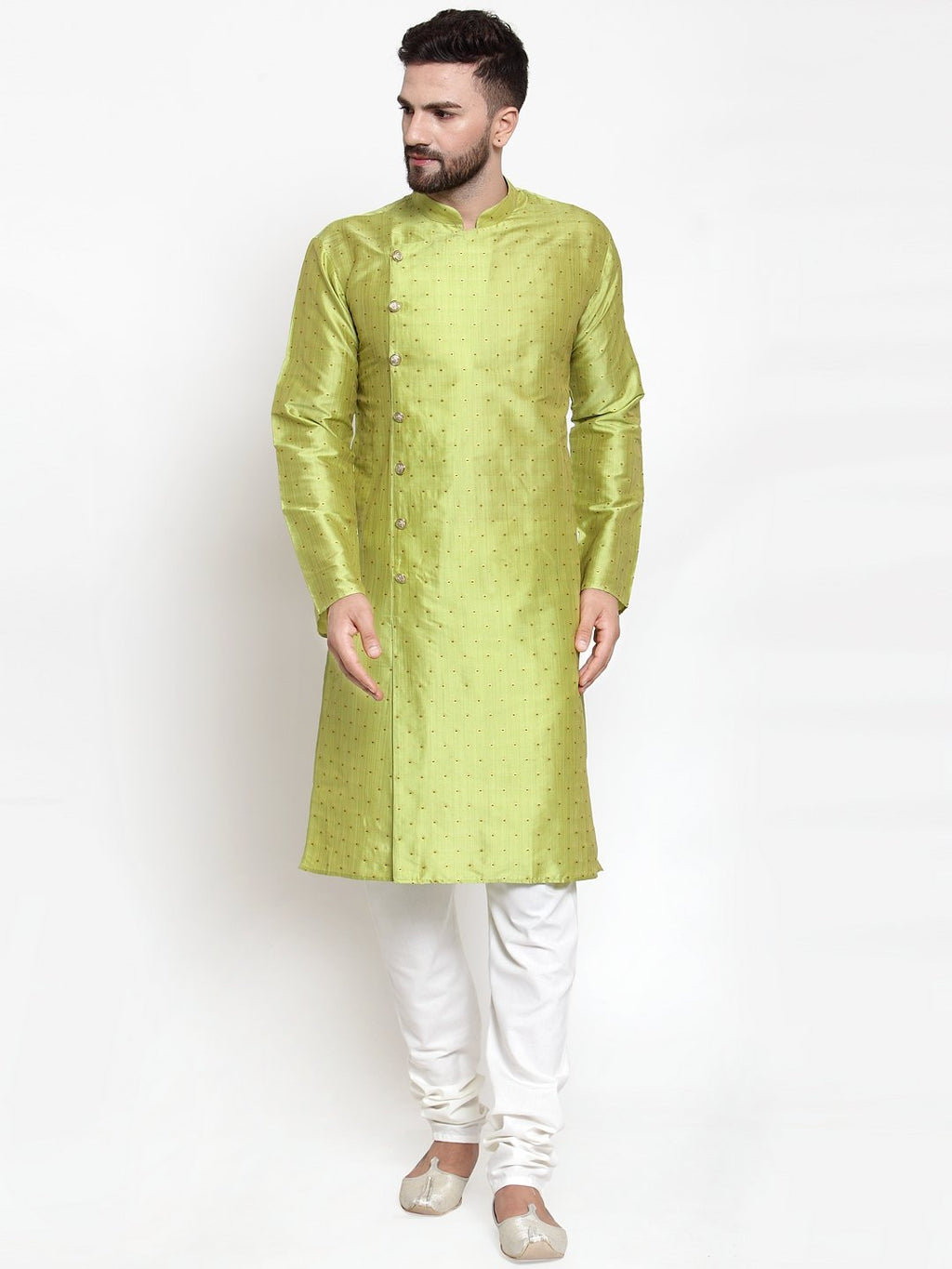 Jompers Men Light-Green & Golden Self Design Kurta with Churidar | Grocsy