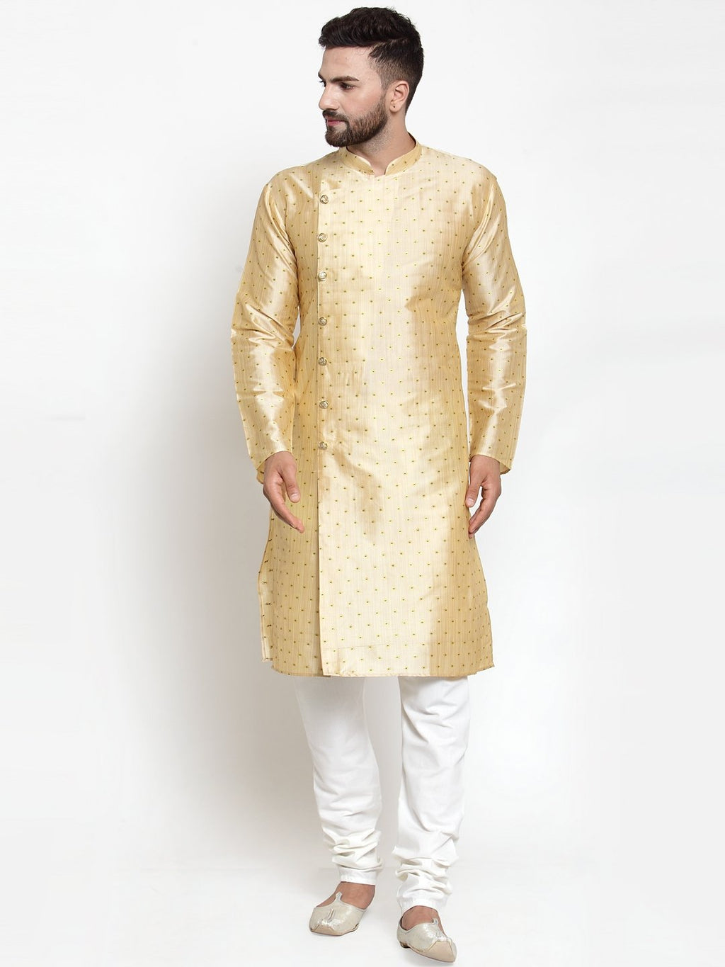 Jompers Men Mustard & Golden Self Design Kurta with Churidar | Grocsy