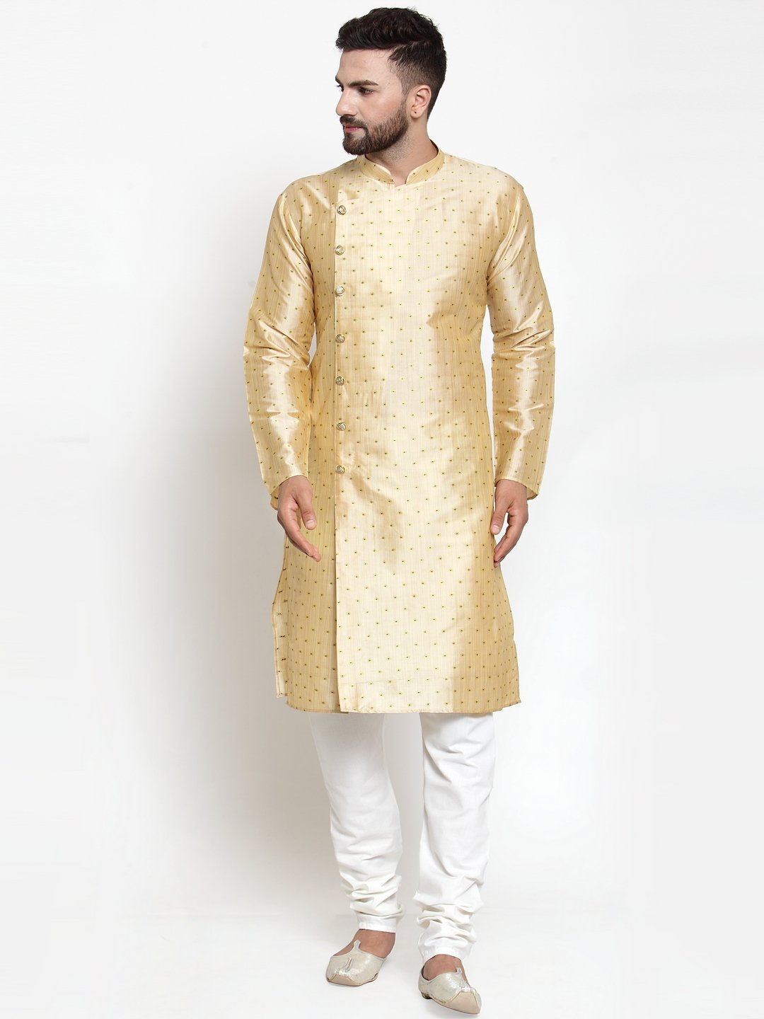 Jompers Men Mustard & Golden Self Design Kurta with Churidar | Grocsy