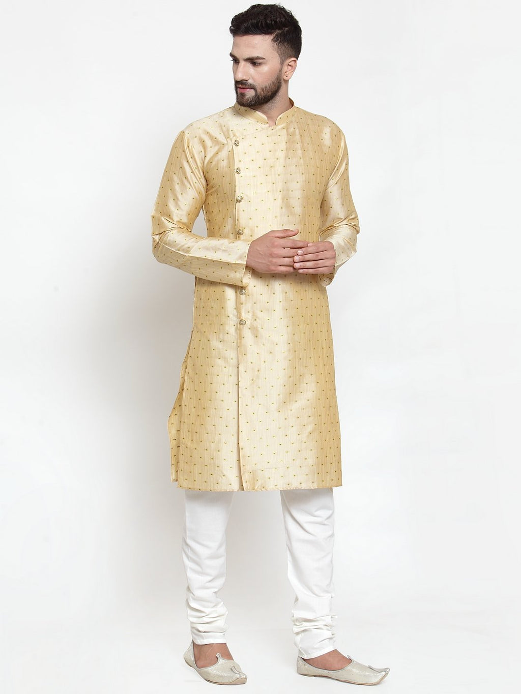 Jompers Men Mustard & Golden Self Design Kurta with Churidar | Grocsy