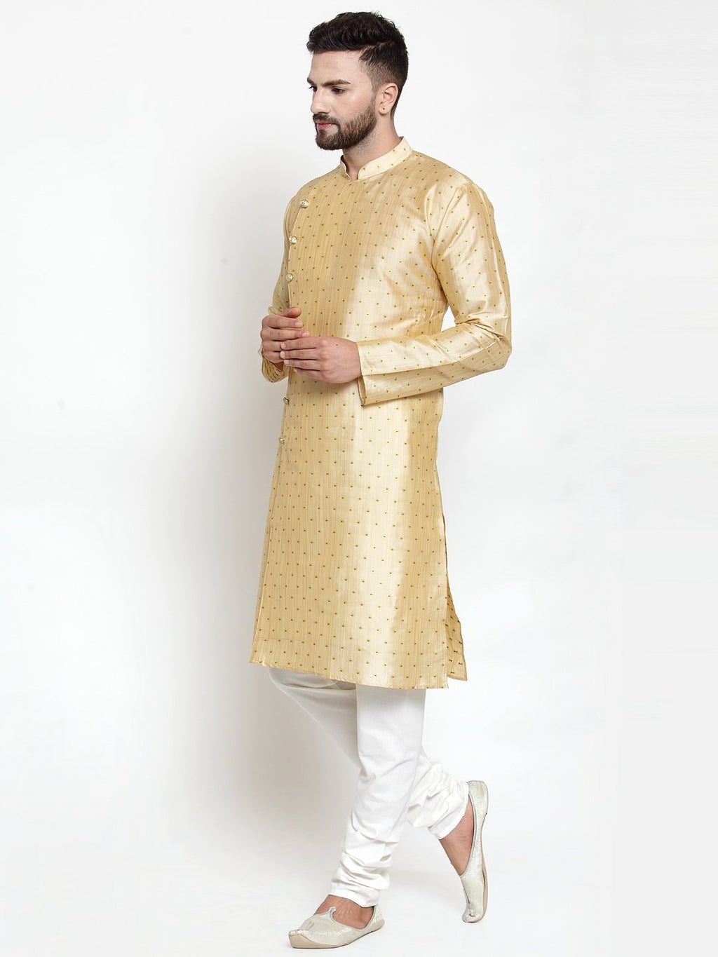 Jompers Men Mustard & Golden Self Design Kurta with Churidar | Grocsy