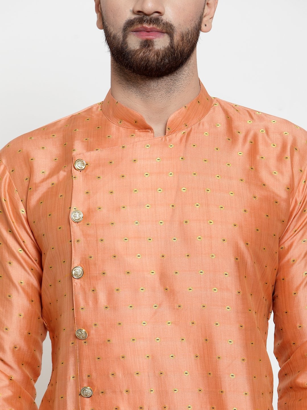 Jompers Men Peach & Golden Self Design Kurta Only | Grocsy