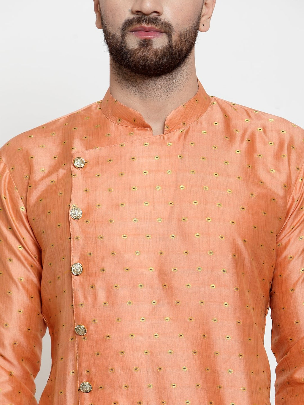 Jompers Men Peach & Golden Self Design Kurta with Churidar | Grocsy