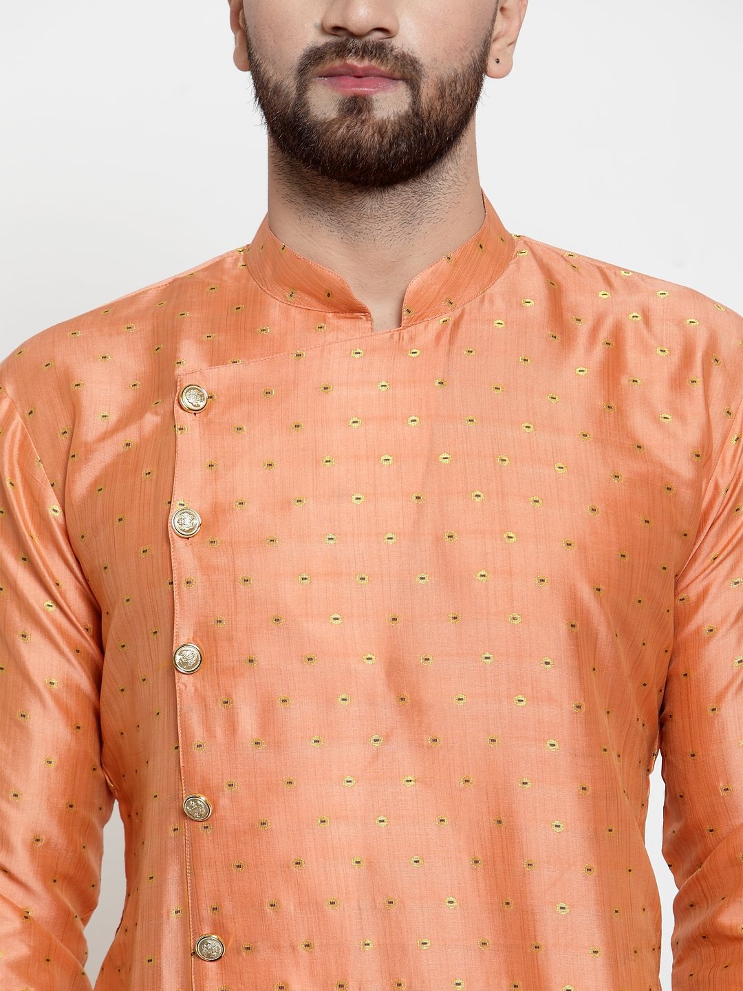 Jompers Men Peach & Golden Self Design Kurta with Churidar | Grocsy
