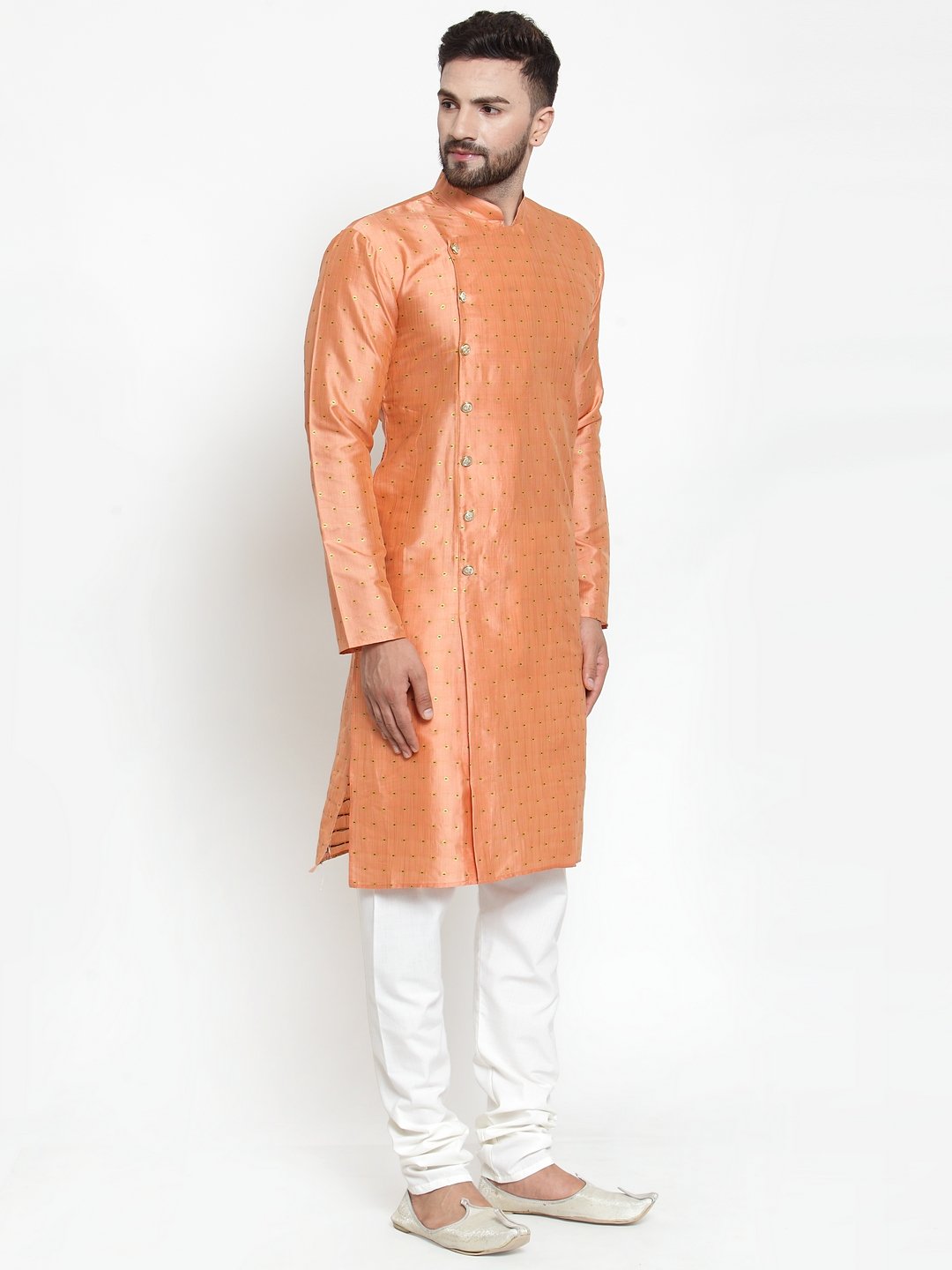 Jompers Men Peach & Golden Self Design Kurta with Churidar | Grocsy