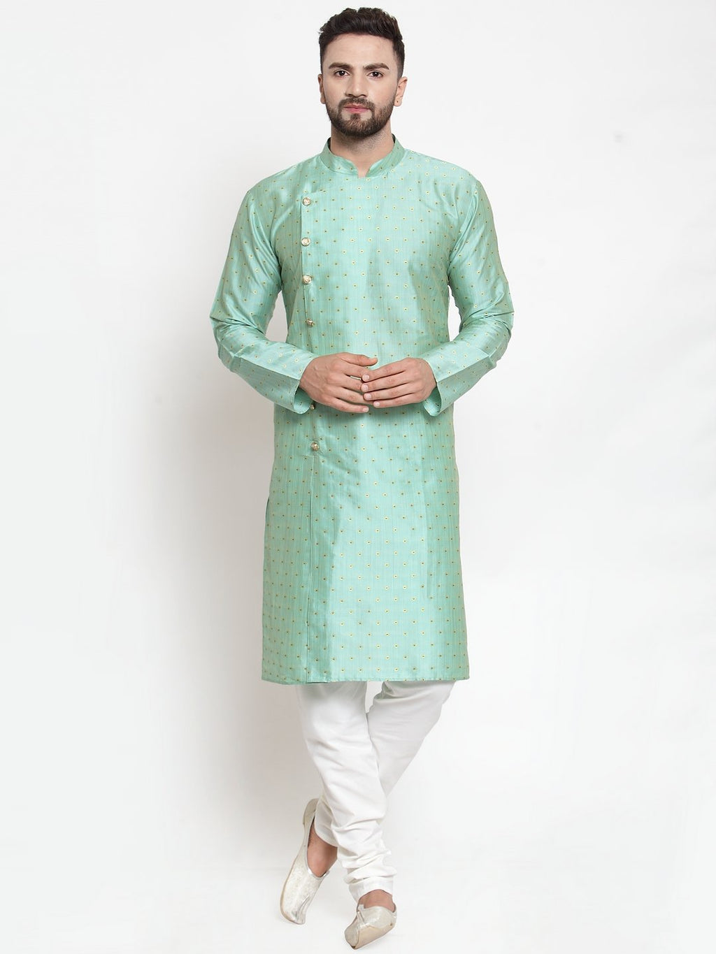 Jompers Men Sky-Blue & Golden Self Design Kurta with Churidar | Grocsy