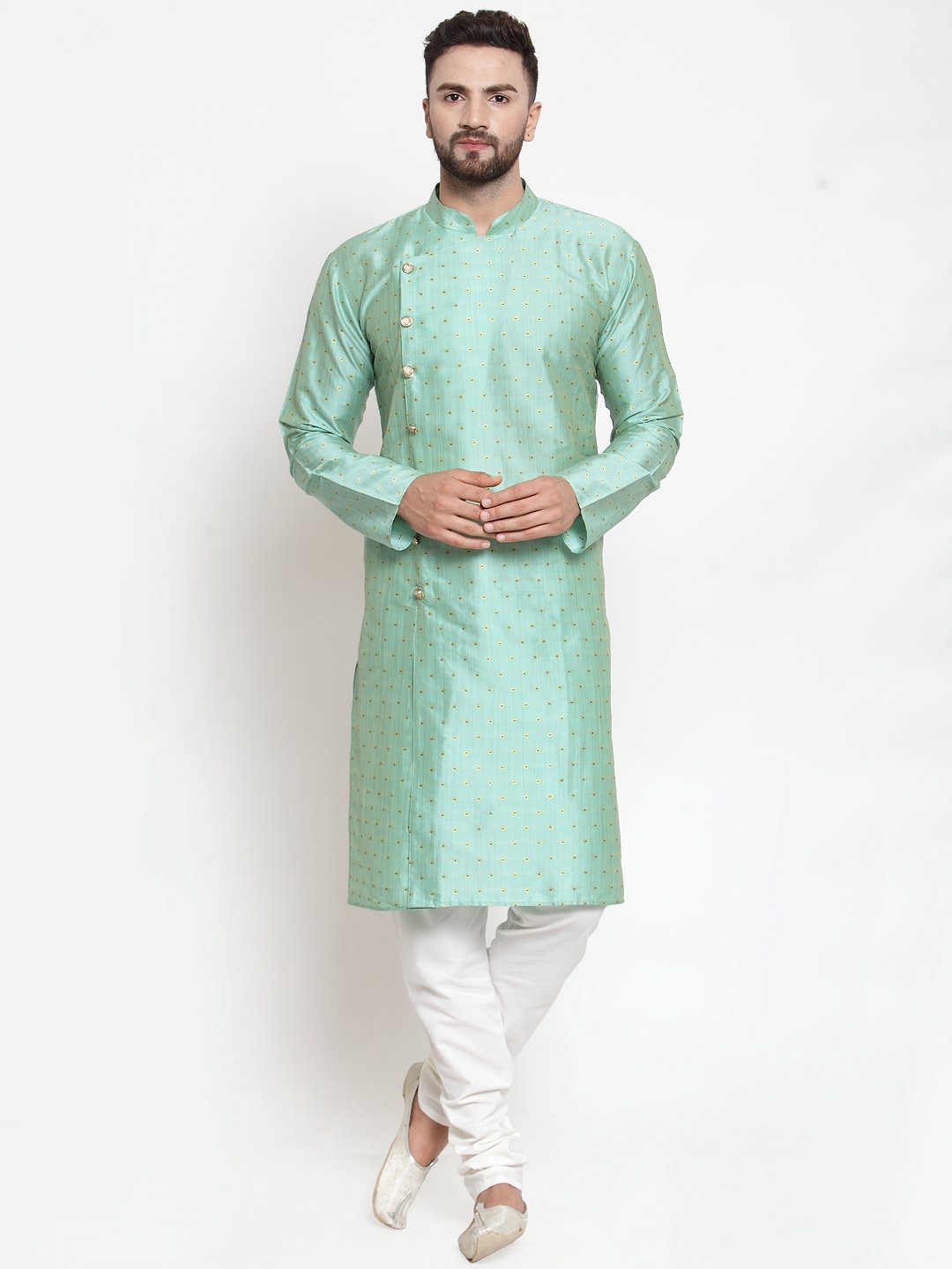 Jompers Men Sky-Blue & Golden Self Design Kurta with Churidar | Grocsy