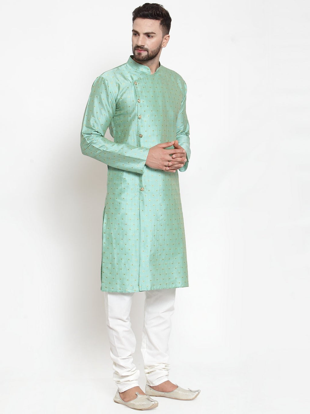 Jompers Men Sky-Blue & Golden Self Design Kurta with Churidar | Grocsy