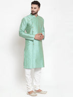 Jompers Men Sky-Blue & Golden Self Design Kurta with Churidar | Grocsy