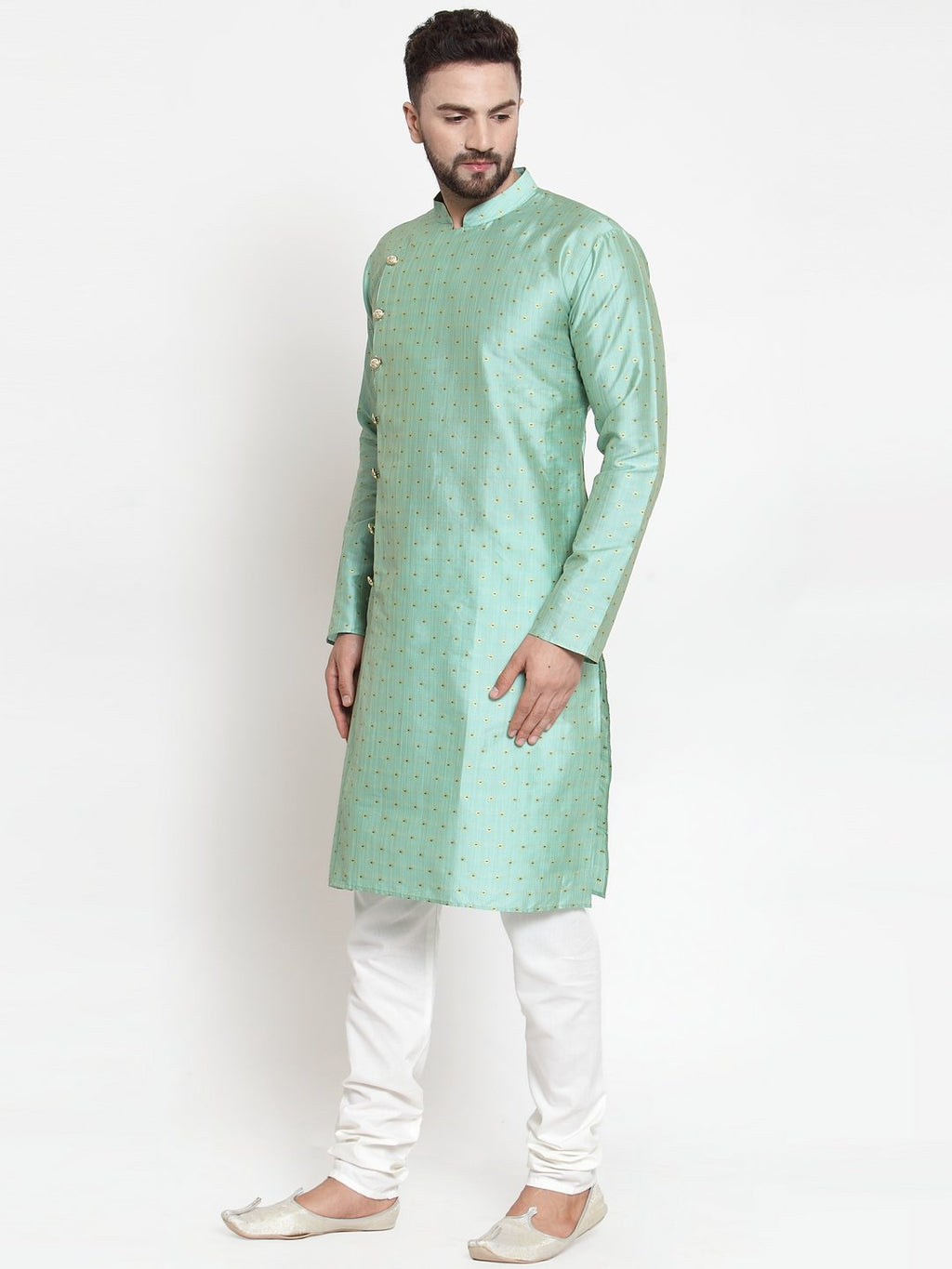 Jompers Men Sky-Blue & Golden Self Design Kurta with Churidar | Grocsy