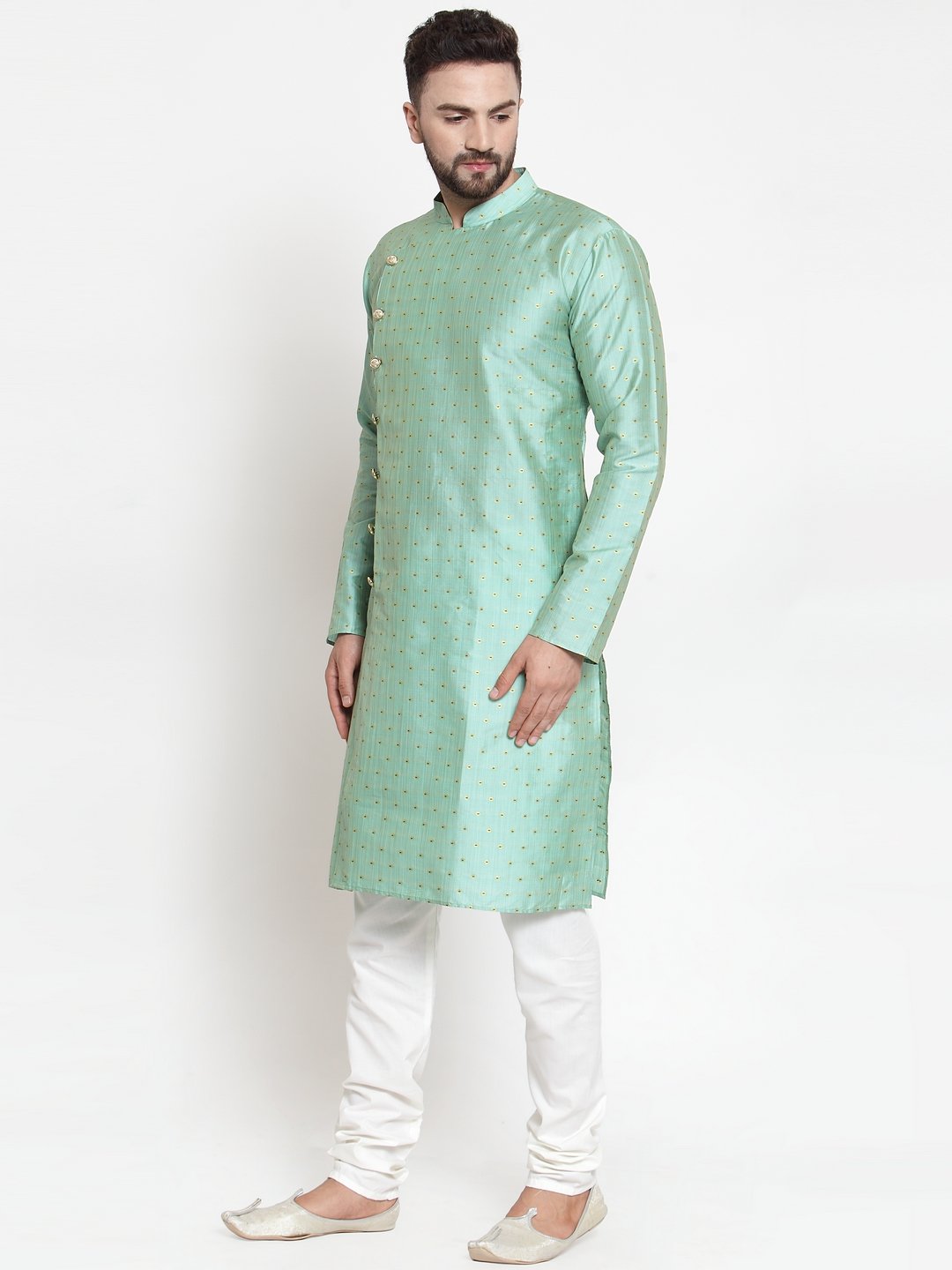 Jompers Men Sky-Blue & Golden Self Design Kurta with Churidar | Grocsy