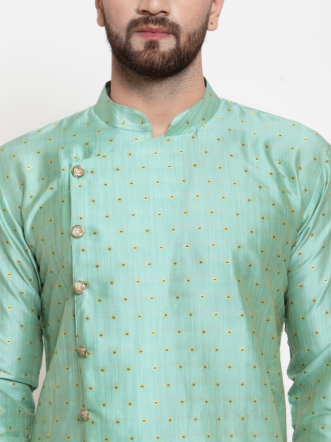 Jompers Men Sky-Blue & Golden Self Design Kurta with Churidar | Grocsy