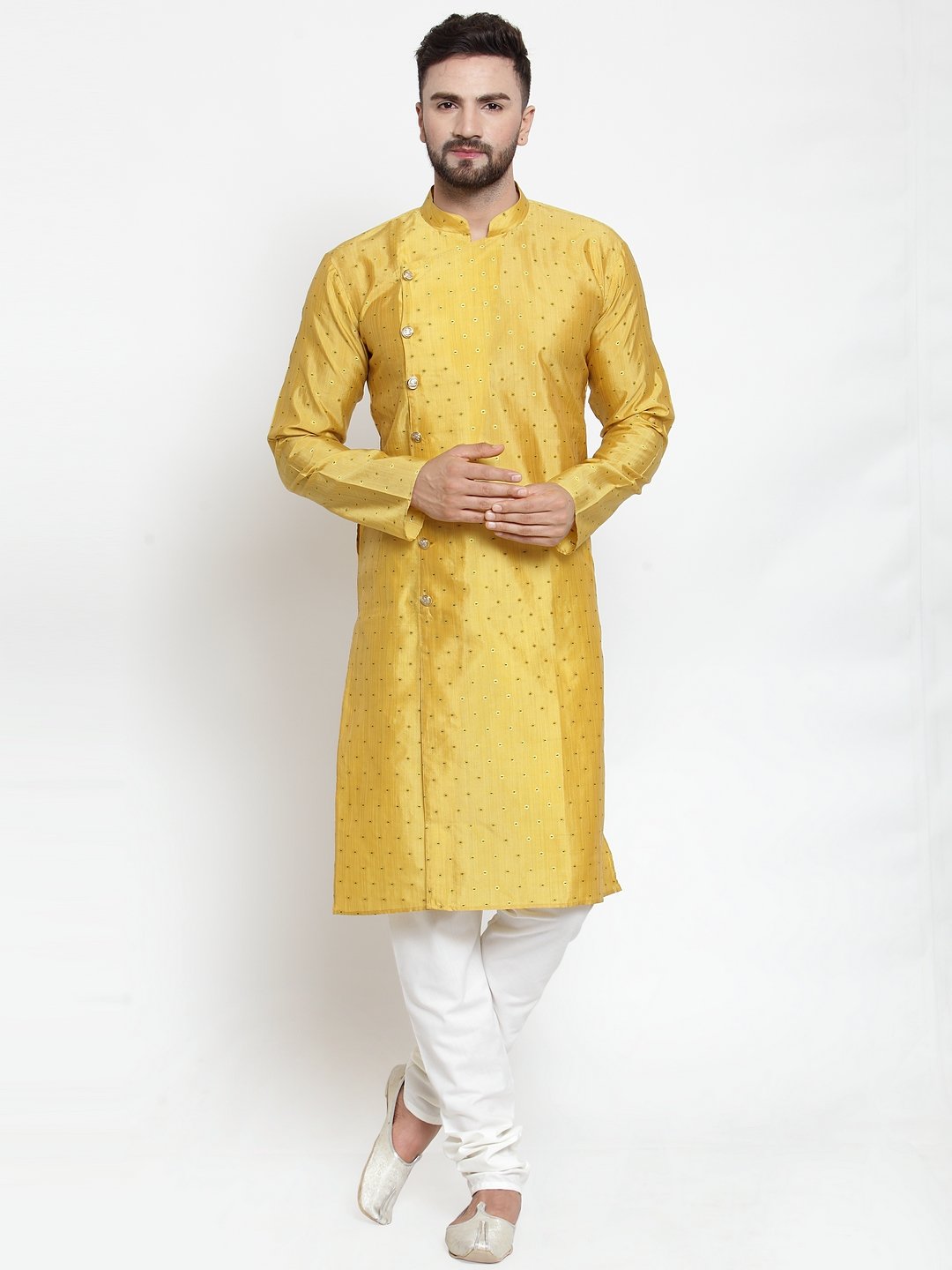 Jompers Men Yellow & Golden Self Design Kurta Only | Grocsy