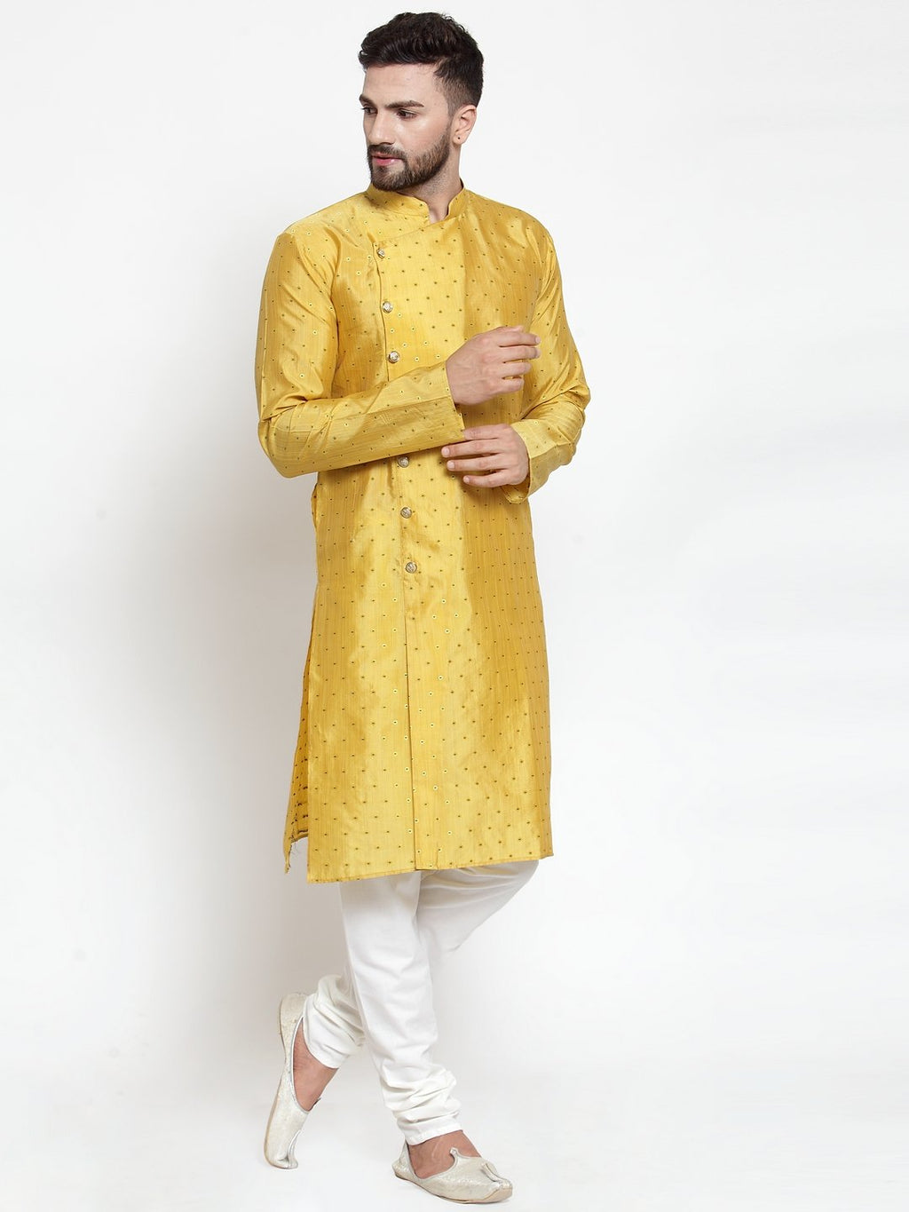 Jompers Men Yellow & Golden Self Design Kurta with Churidar | Grocsy