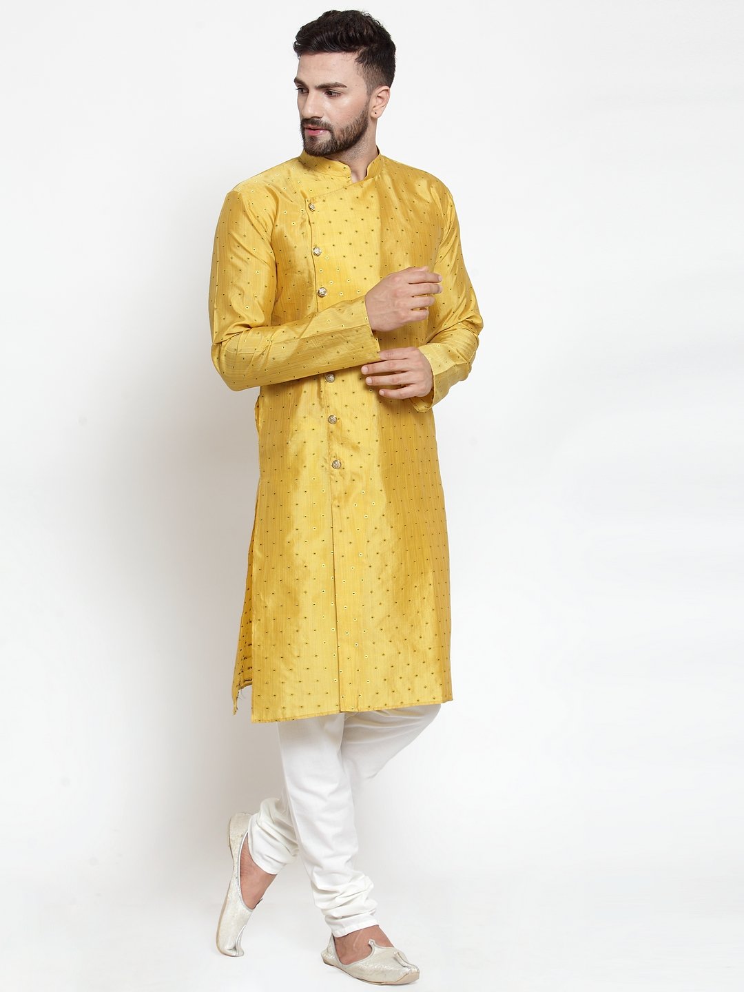 Jompers Men Yellow & Golden Self Design Kurta with Churidar | Grocsy