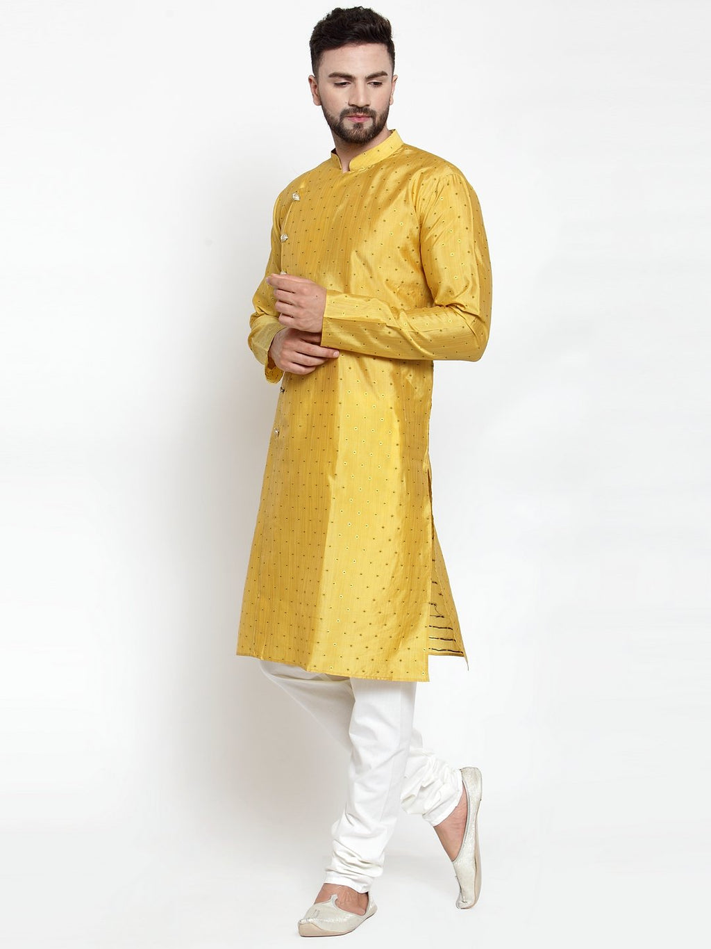 Jompers Men Yellow & Golden Self Design Kurta with Churidar | Grocsy