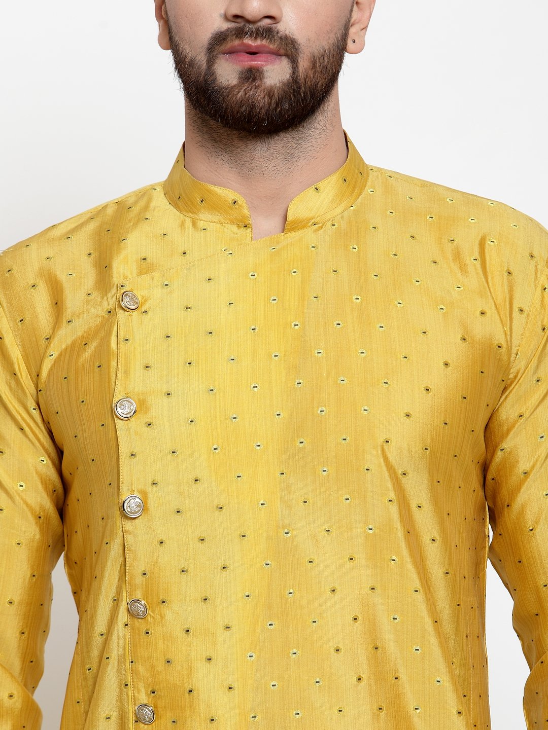 Jompers Men Yellow & Golden Self Design Kurta with Churidar | Grocsy