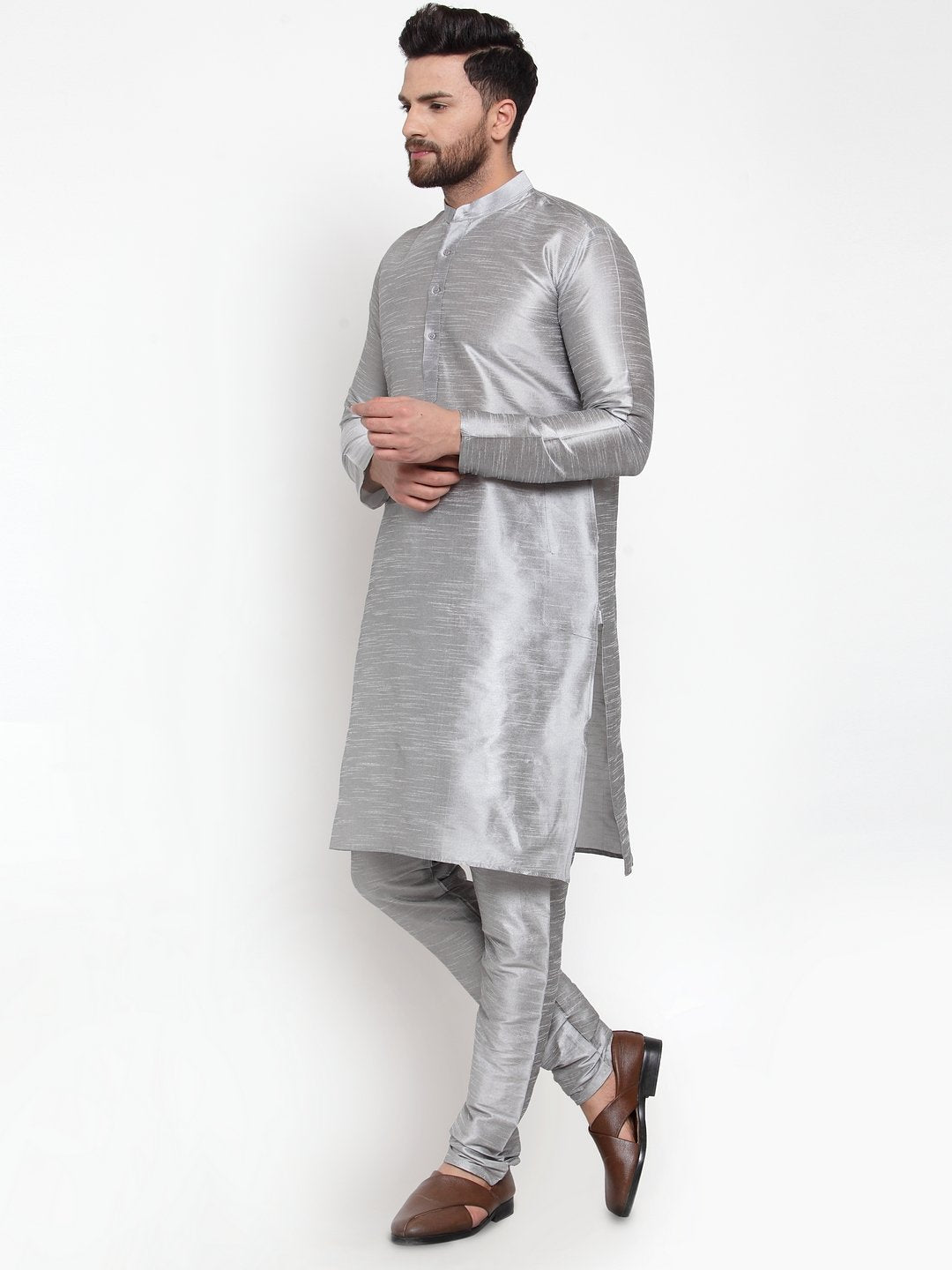 Jompers Men Silver Solid Kurta with Churidar | Grocsy