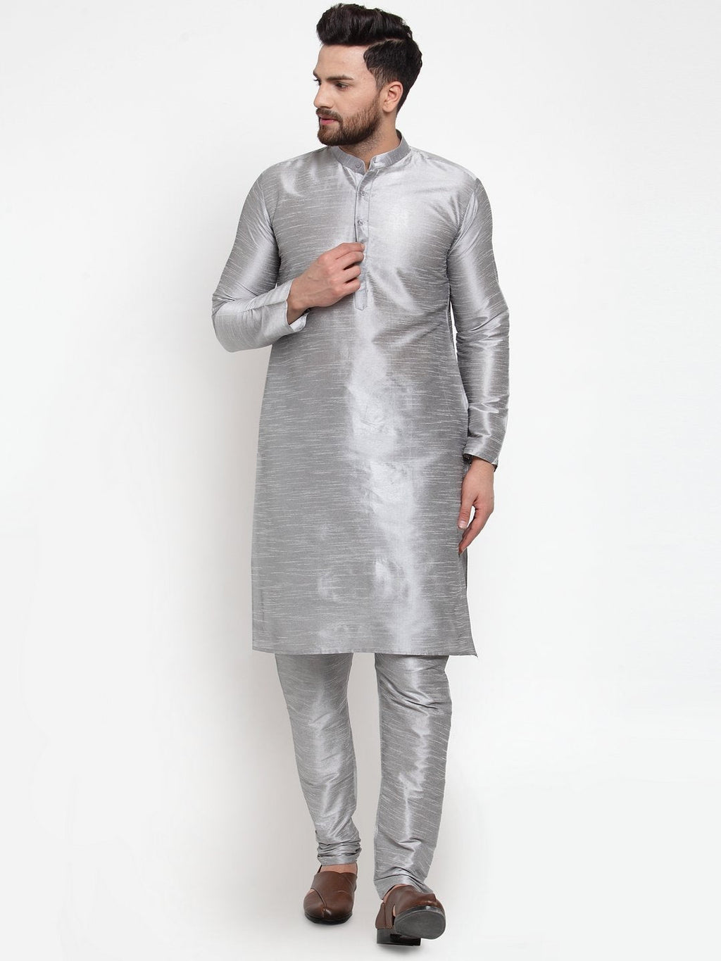 Jompers Men Silver Solid Kurta with Churidar | Grocsy