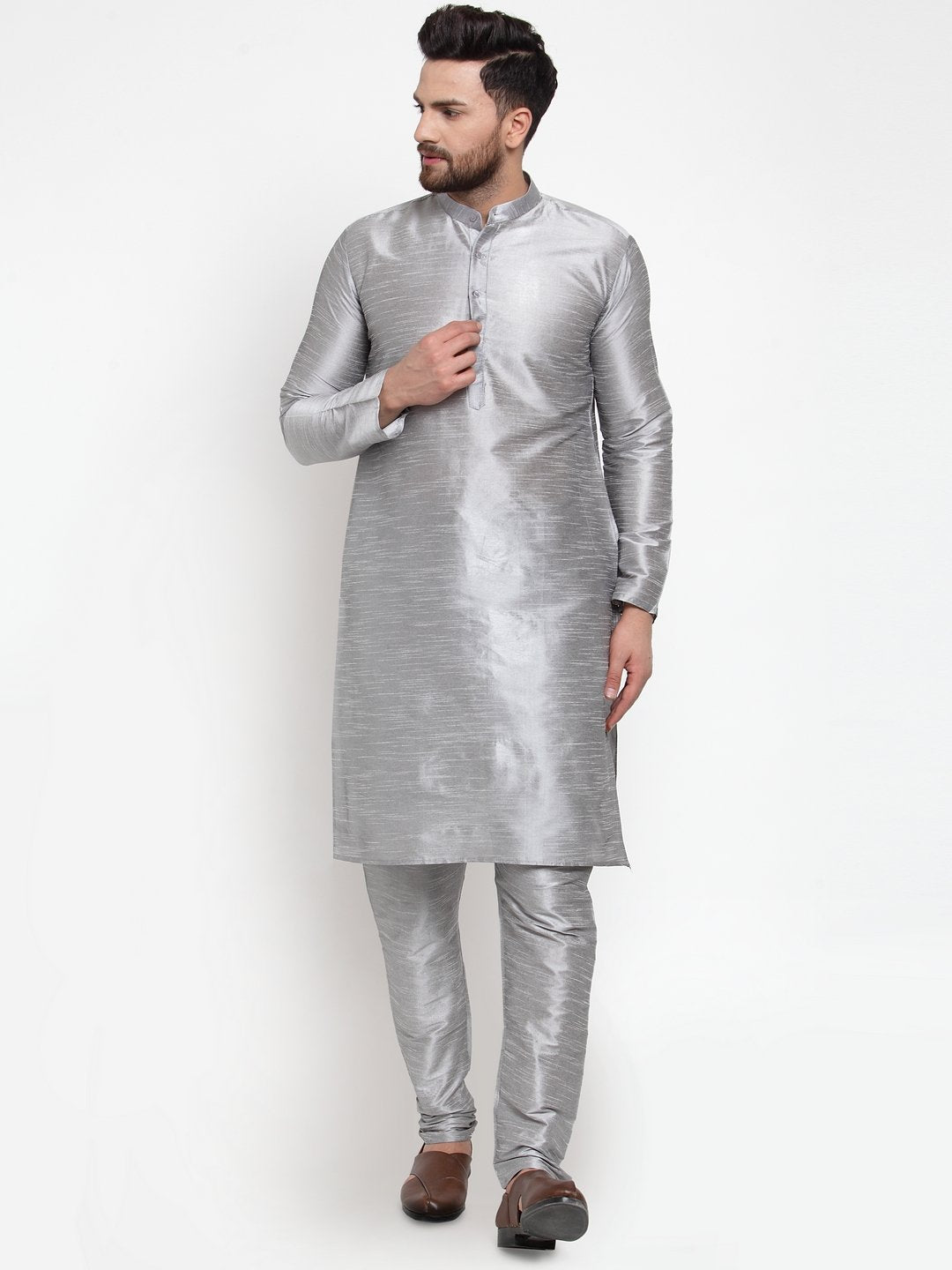 Jompers Men Silver Solid Kurta with Churidar | Grocsy