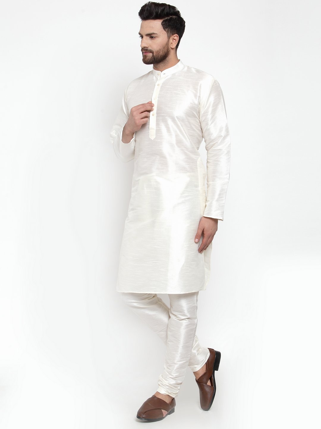 Jompers Men White Solid Long Sleeves Kurta with Churidar | Grocsy