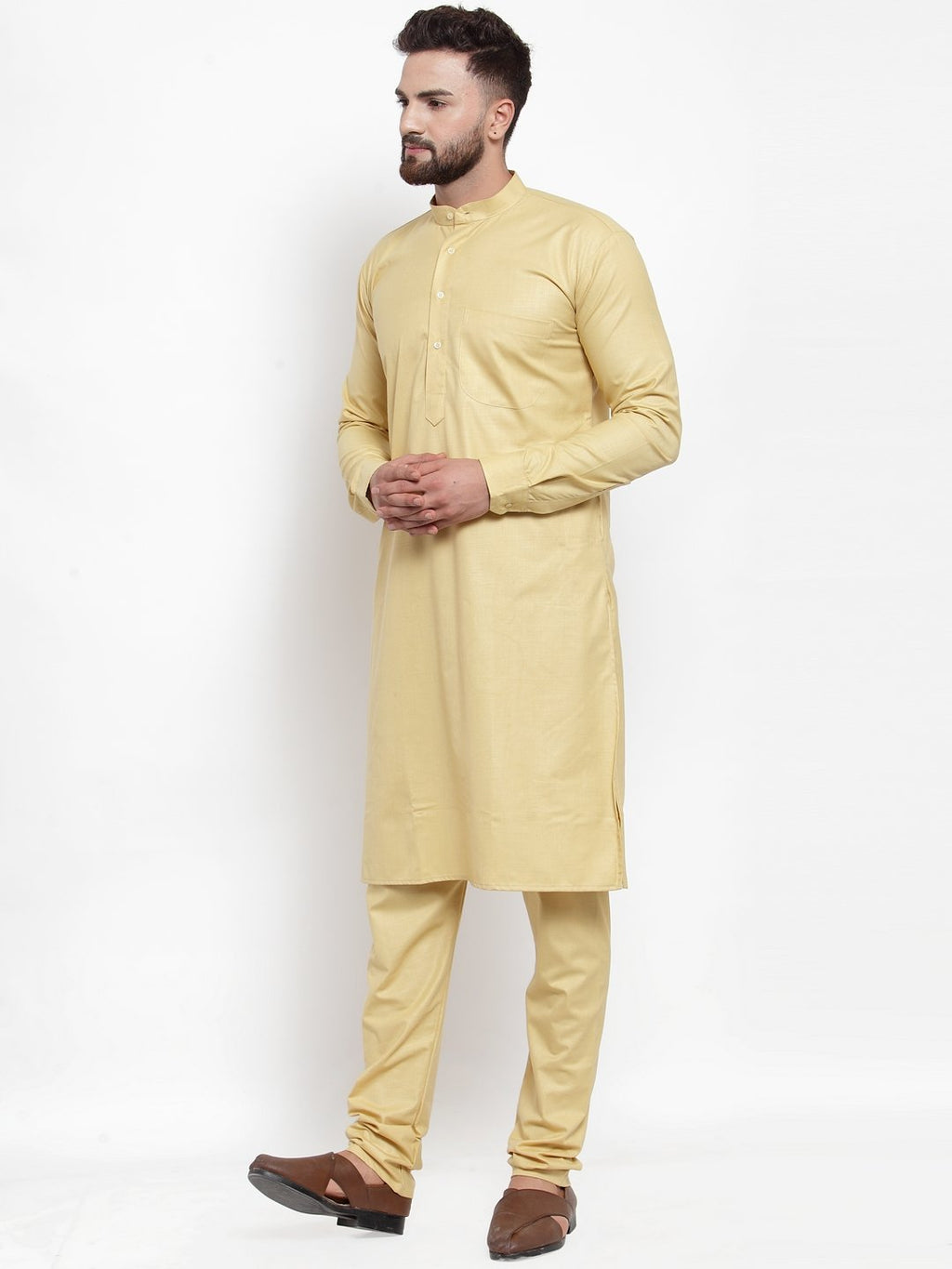 Jompers Men Beige Solid Kurta with Churidar | Grocsy