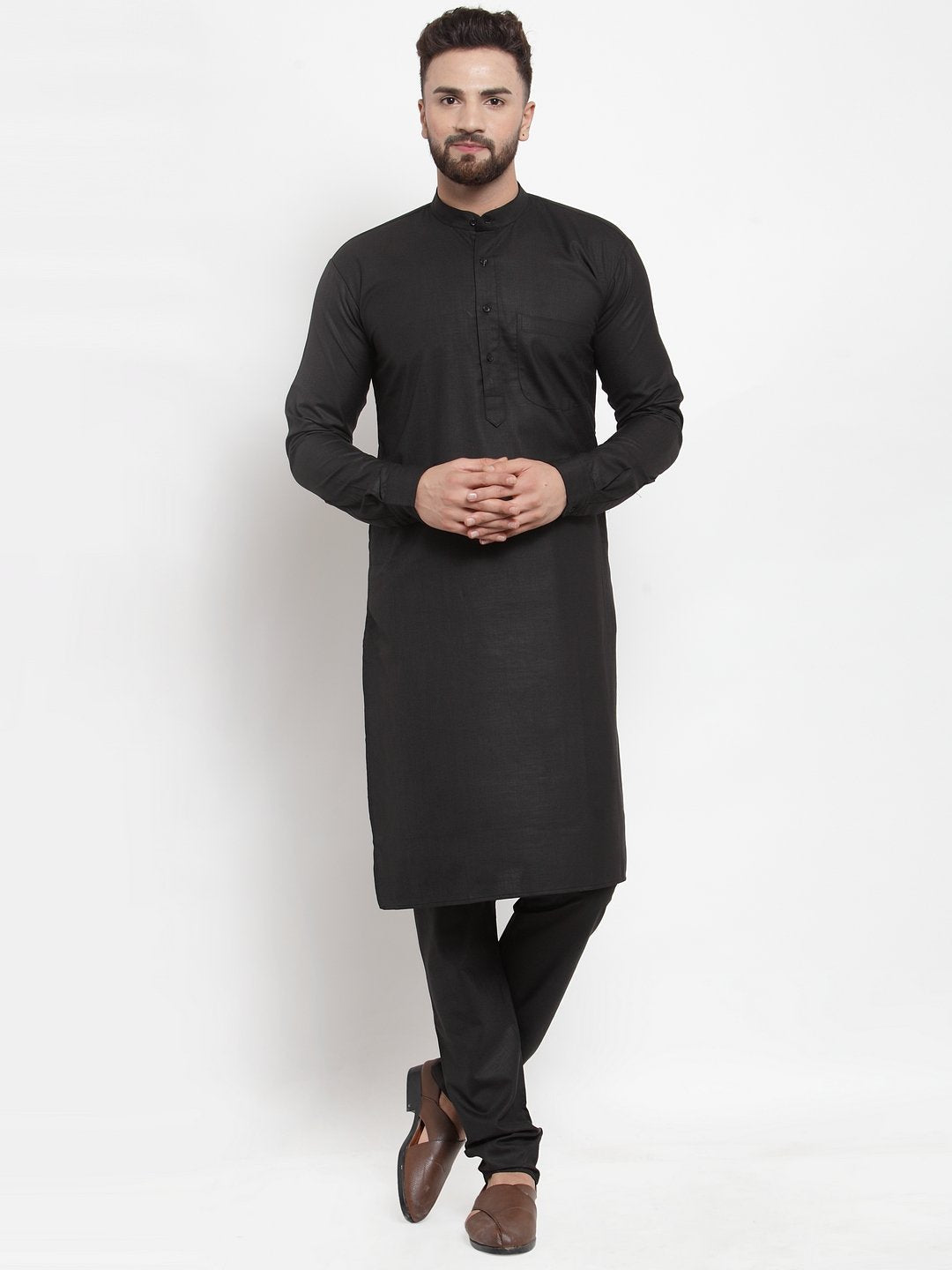 Jompers Men Black Solid Mandarin Collar Kurta with Churidar | Grocsy