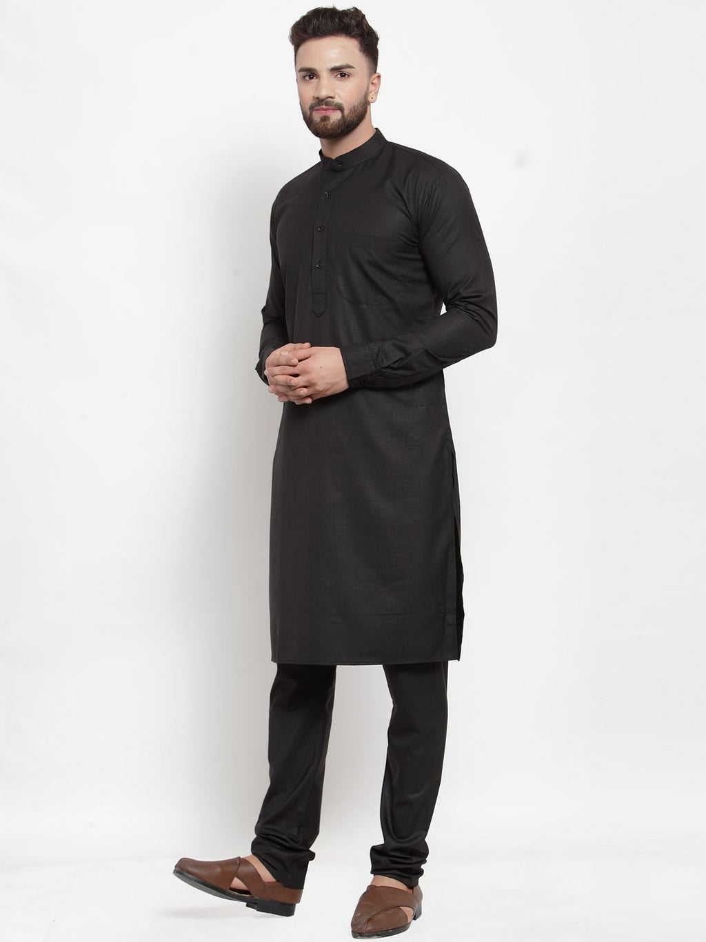 Jompers Men Black Solid Mandarin Collar Kurta with Churidar | Grocsy