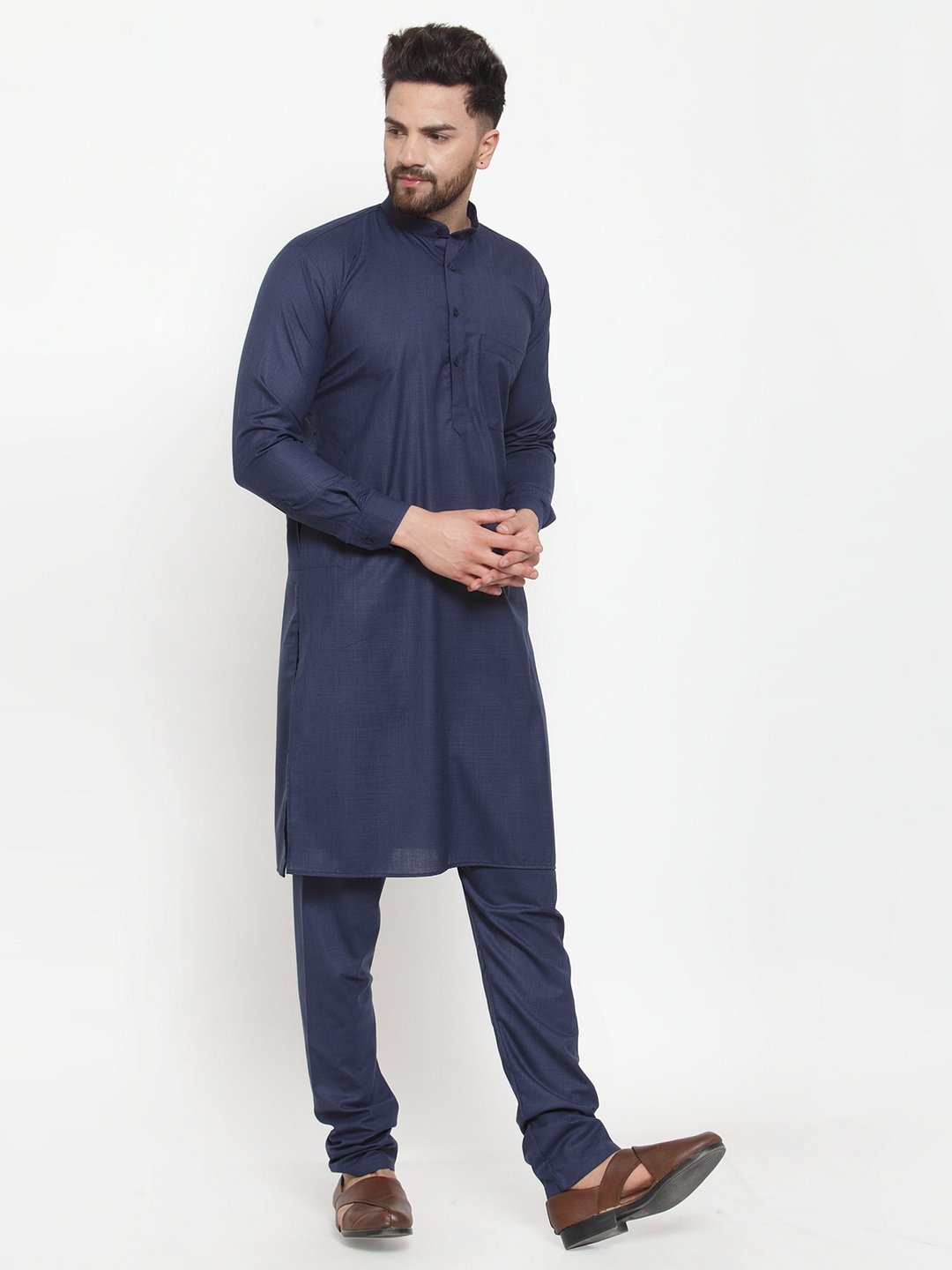 Jompers Men Navy-Blue Solid Kurta with Churidar | Grocsy