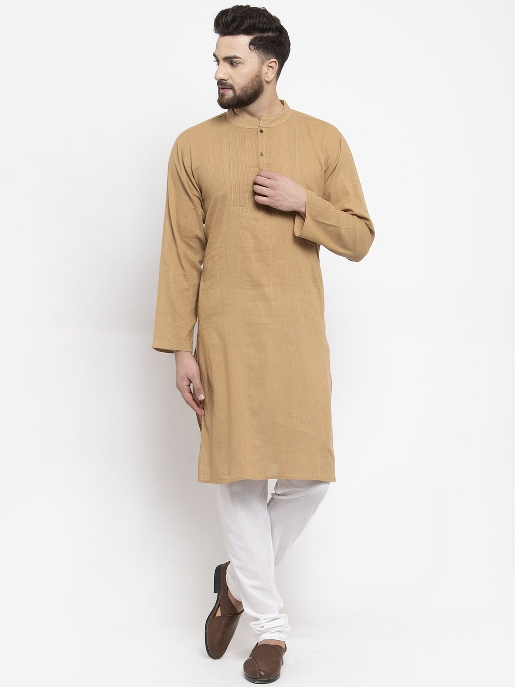Jompers Men Beige & White Solid Pin-tucks Kurta Only | Grocsy