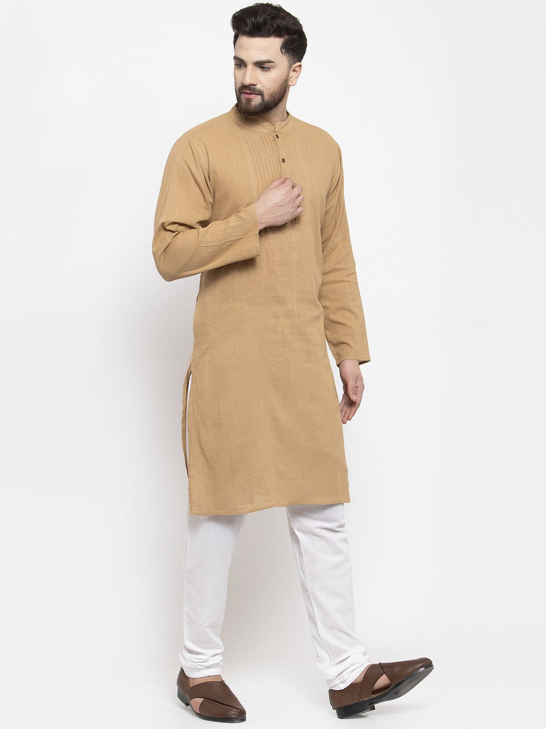 Jompers Men Beige & White Solid Pin-tucks Kurta Only | Grocsy