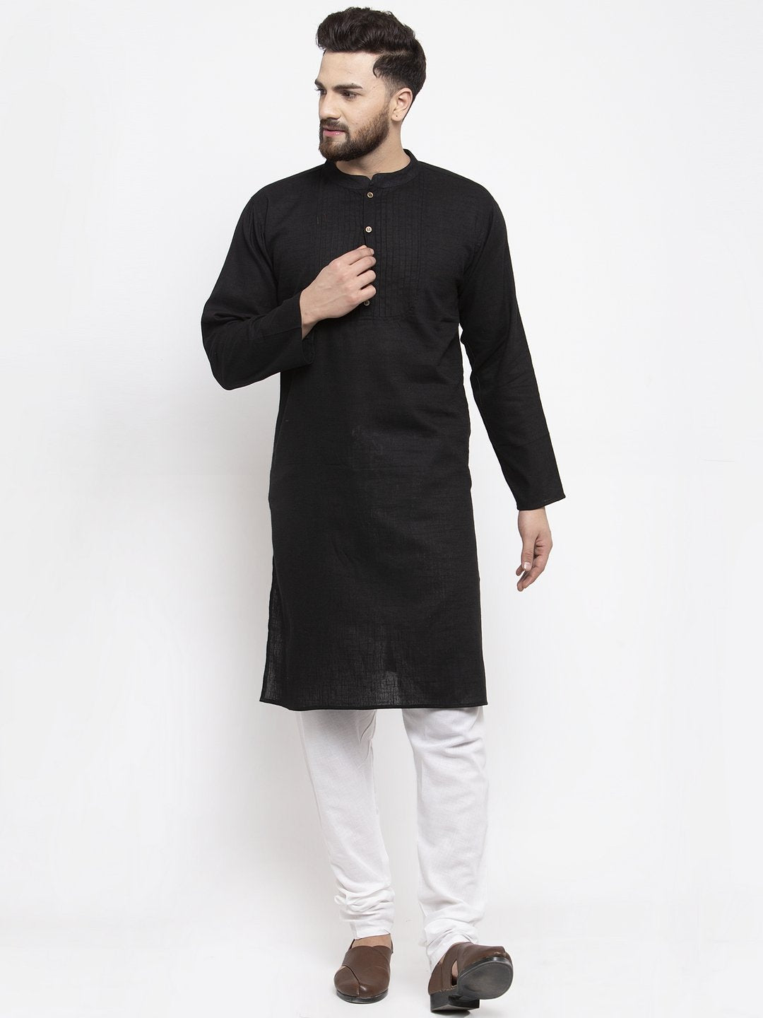 Jompers Men Black & White Solid Pin-tucks Kurta Only | Grocsy