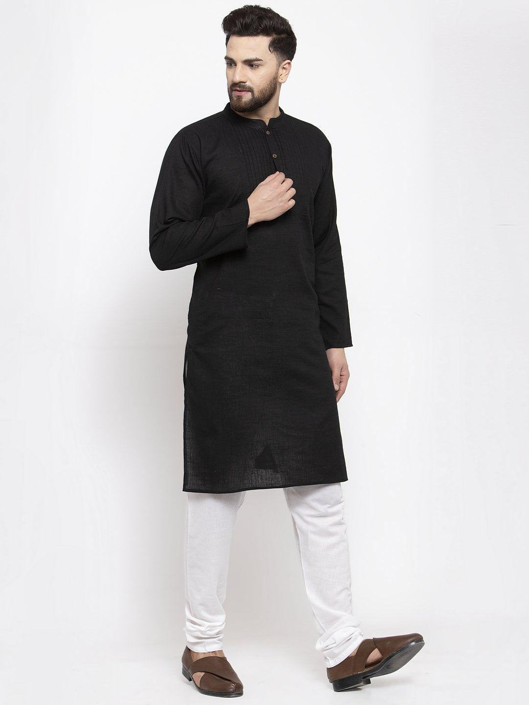 Jompers Men Black & White Solid Pin-tucks Kurta Only | Grocsy