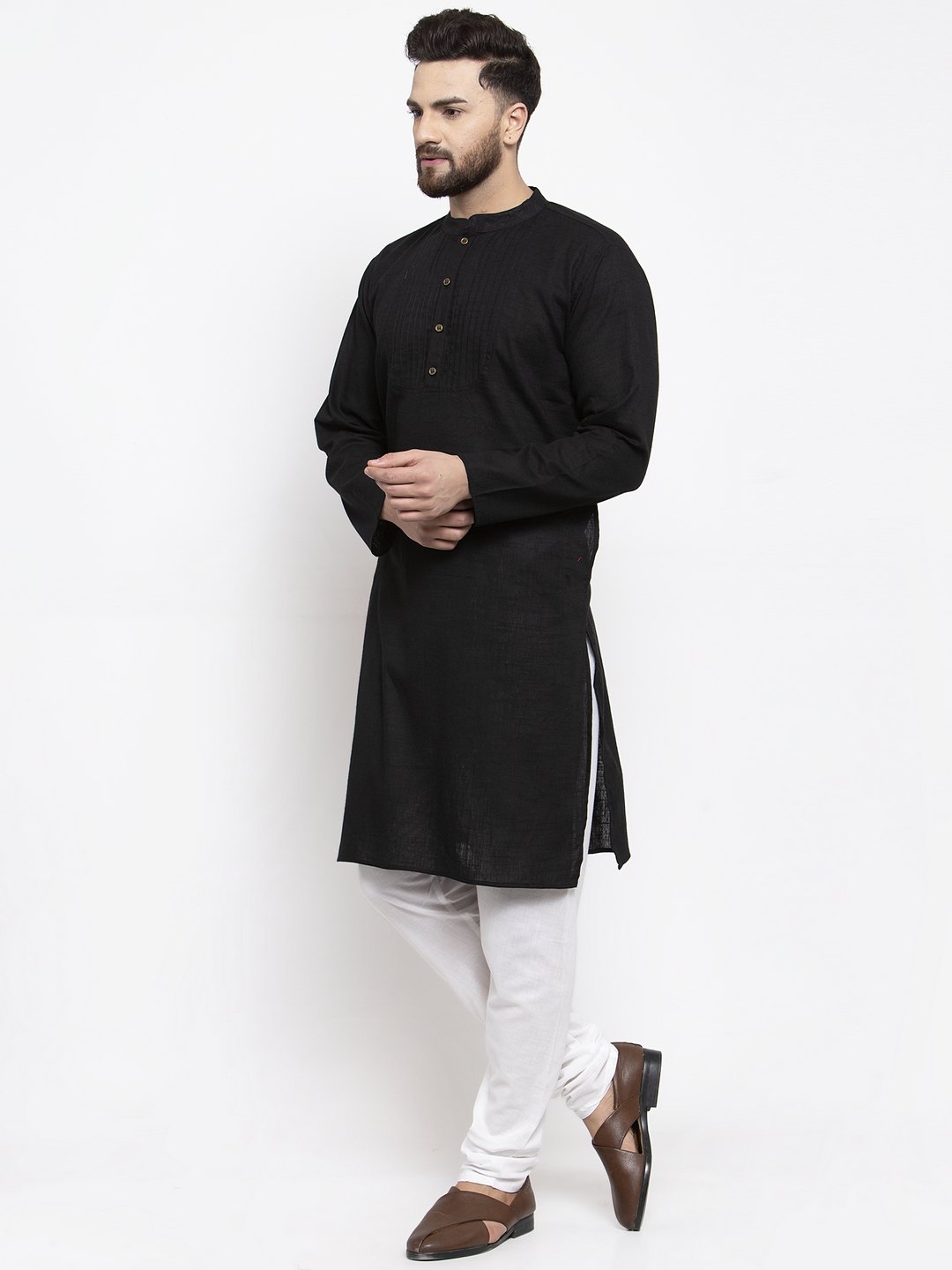 Jompers Men Black & White Solid Pin-tucks Kurta Only | Grocsy