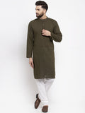 Jompers Men Olive-Green & White Solid Pin-tucks Kurta Only | Grocsy