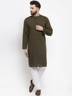 Jompers Men Olive-Green & White Solid Pin-tucks Kurta Only | Grocsy