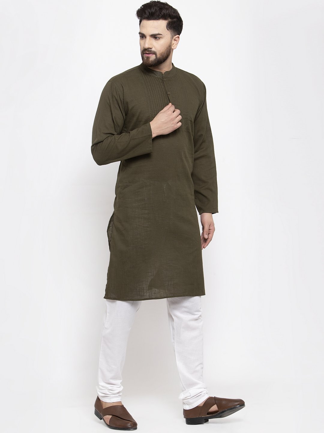 Jompers Men Olive-Green & White Solid Pin-tucks Kurta with Churidar | Grocsy