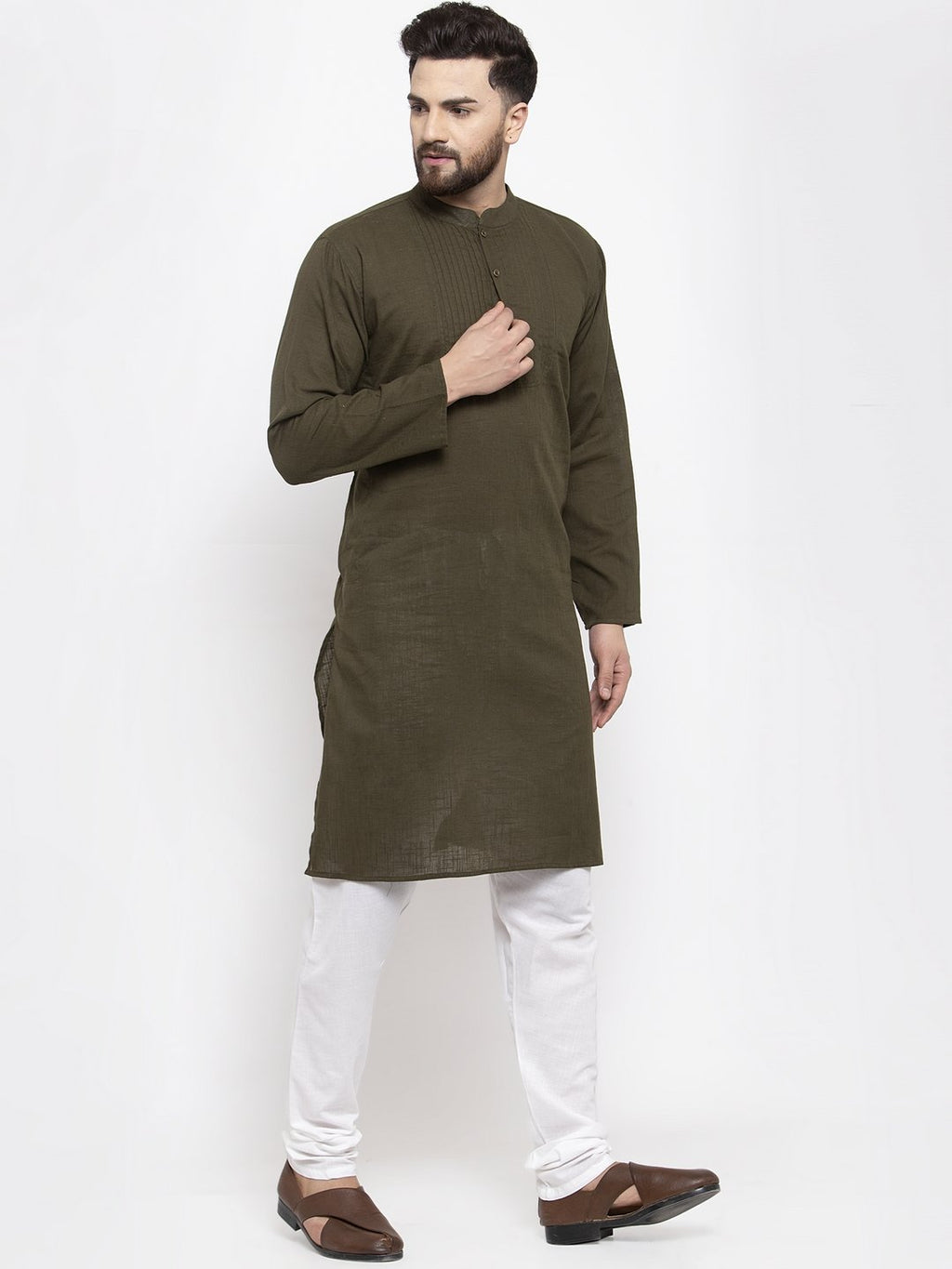 Jompers Men Olive-Green & White Solid Pin-tucks Kurta Only | Grocsy
