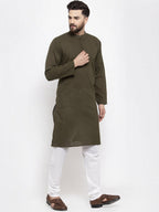 Jompers Men Olive-Green & White Solid Pin-tucks Kurta Only | Grocsy