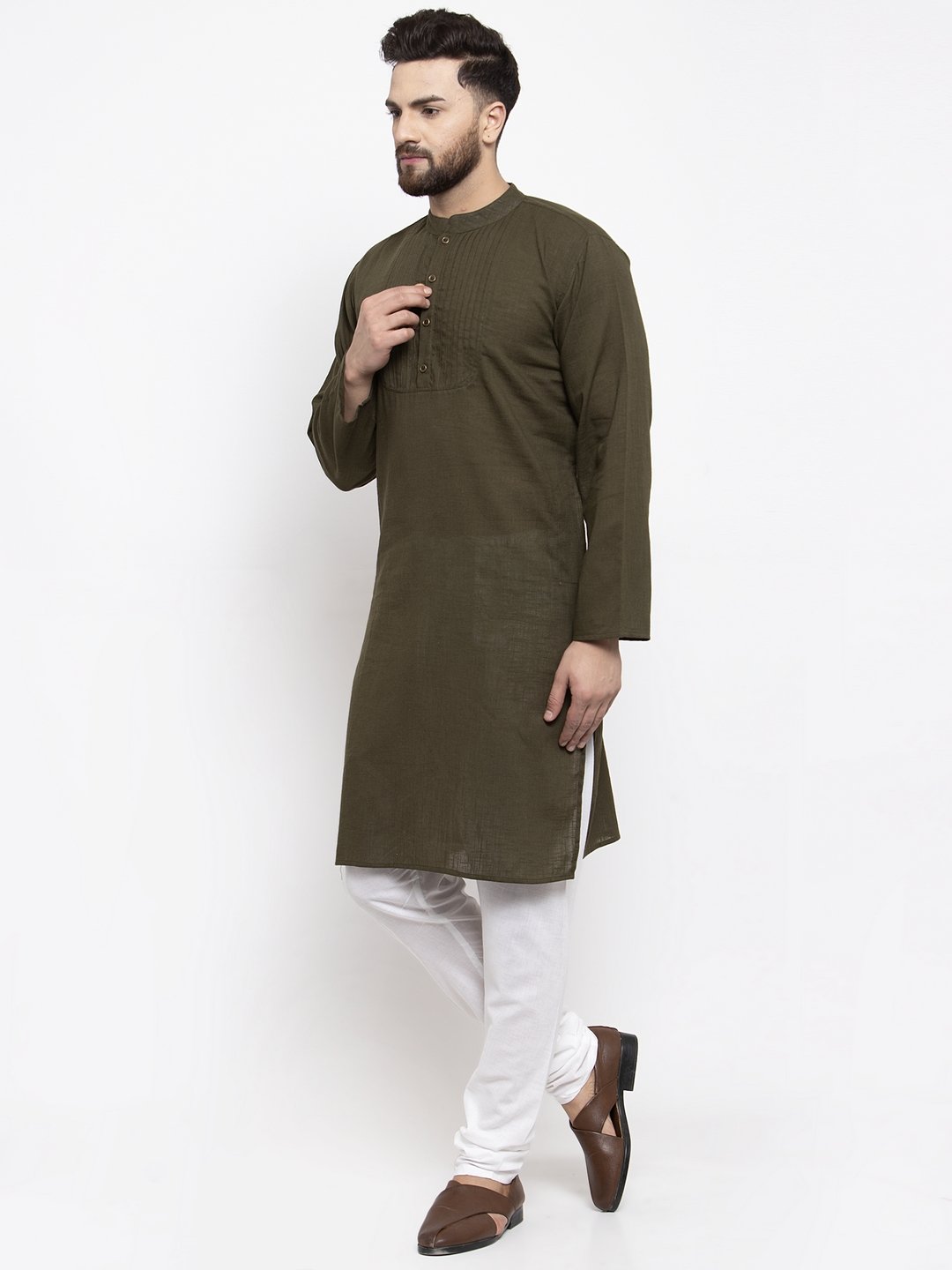 Jompers Men Olive-Green & White Solid Pin-tucks Kurta with Churidar | Grocsy