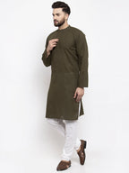 Jompers Men Olive-Green & White Solid Pin-tucks Kurta Only | Grocsy