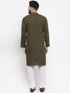 Jompers Men Olive-Green & White Solid Pin-tucks Kurta with Churidar | Grocsy