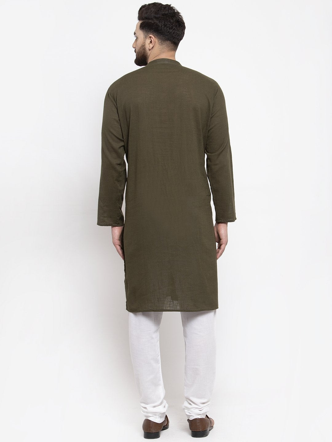 Jompers Men Olive-Green & White Solid Pin-tucks Kurta with Churidar | Grocsy