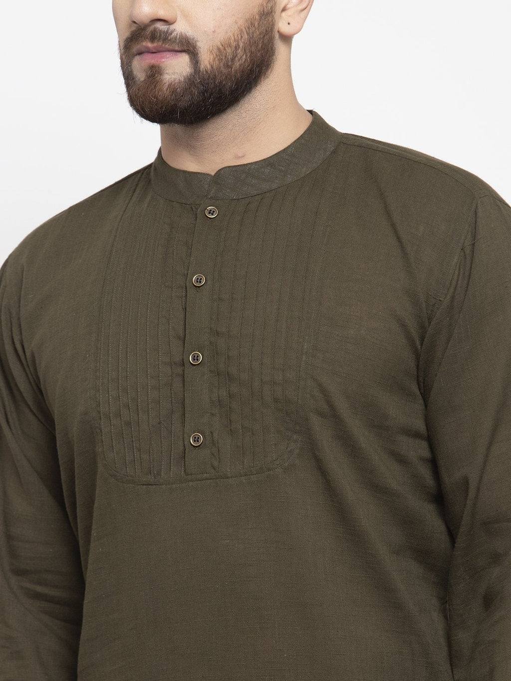 Jompers Men Olive-Green & White Solid Pin-tucks Kurta Only | Grocsy