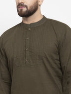 Jompers Men Olive-Green & White Solid Pin-tucks Kurta Only | Grocsy