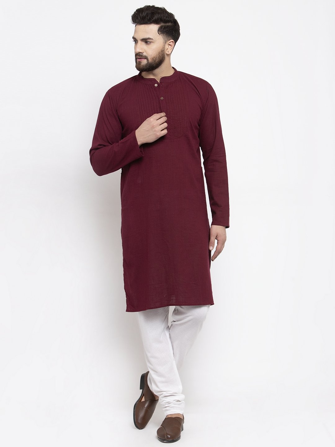 Jompers Men Purple & White Solid Pin-tucks Kurta with Churidar | Grocsy
